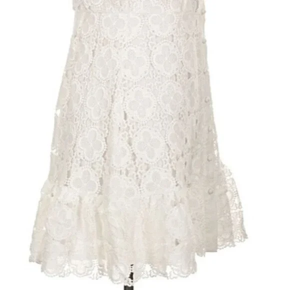 DESIGNER AQUA WHITE LACE HALTER NECKLINE RUFFLE HEM SLEEVELESS DRESS SIZE LARGE - Picture 10 of 16